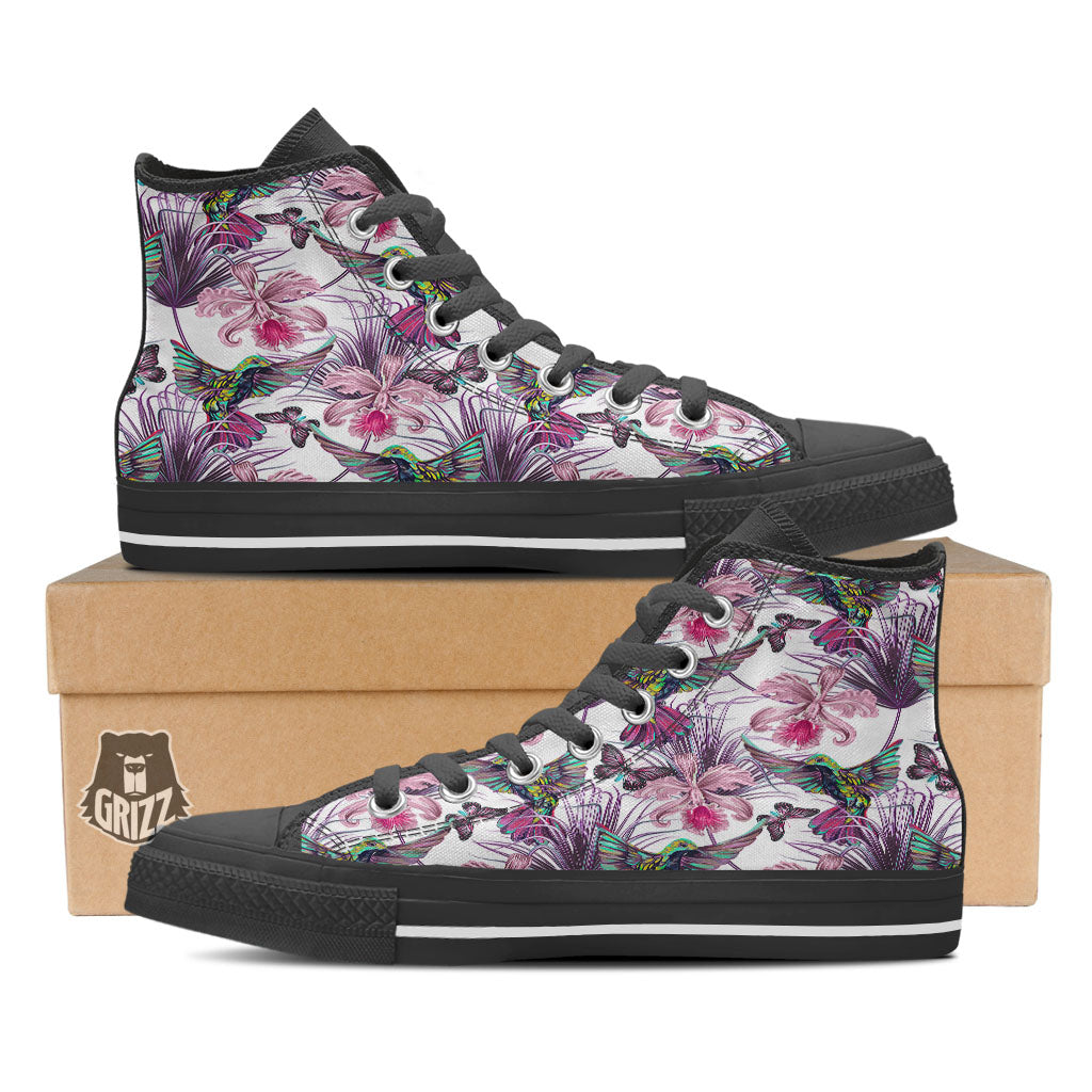 Hummingbird And Pink Flowers Print Black High Top Shoes-grizzshop