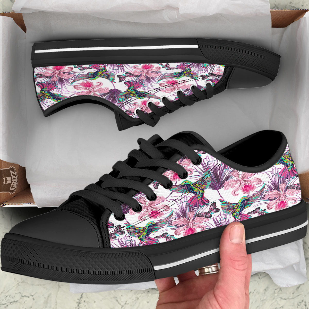 Hummingbird And Pink Flowers Print Black Low Top Shoes-grizzshop