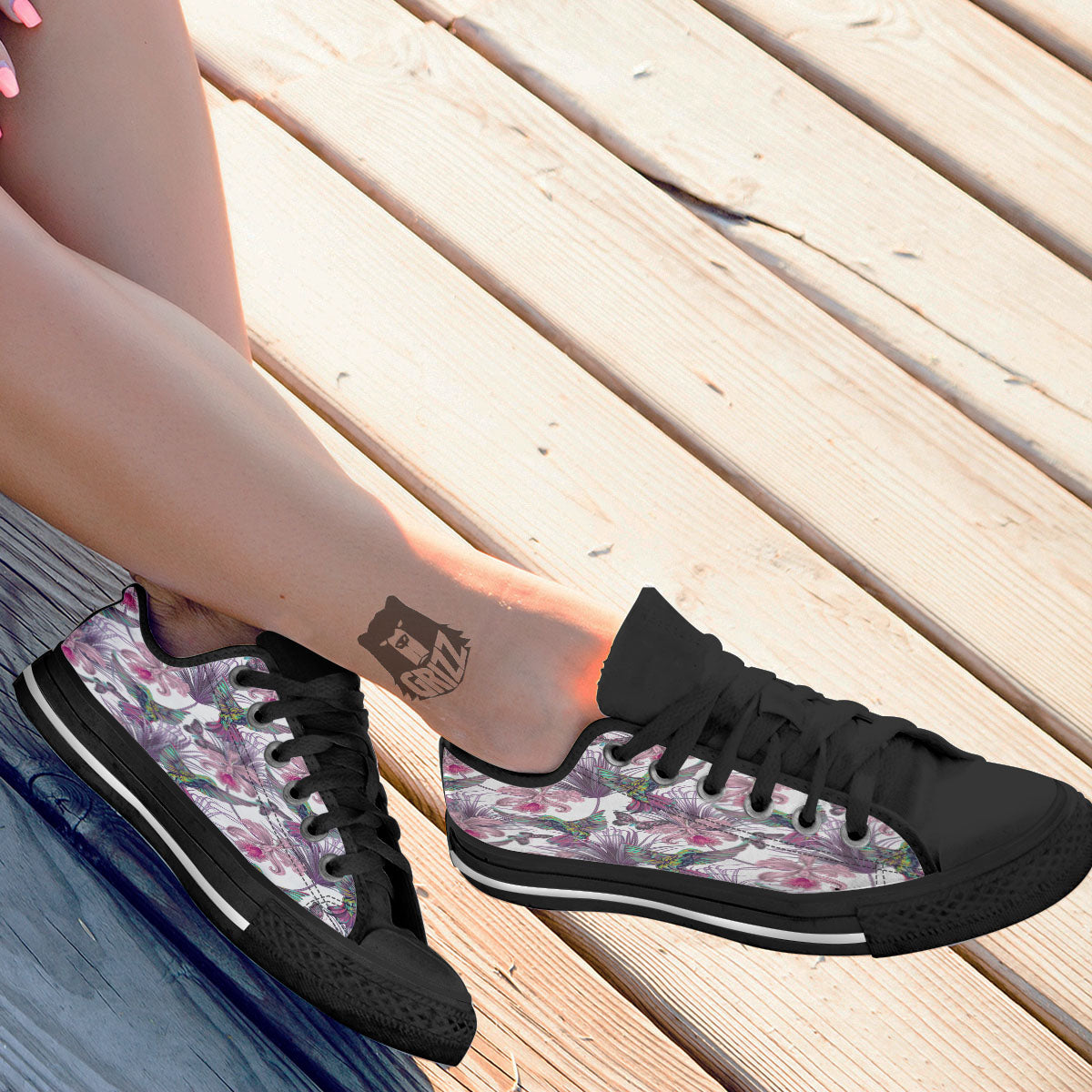 Hummingbird And Pink Flowers Print Black Low Top Shoes-grizzshop
