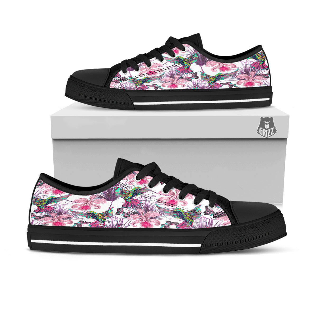 Hummingbird And Pink Flowers Print Black Low Top Shoes-grizzshop