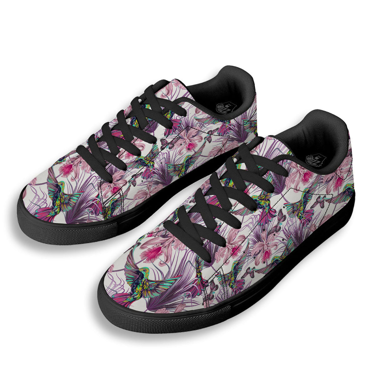 Hummingbird And Pink Flowers Print Black Low Top Sneakers-grizzshop