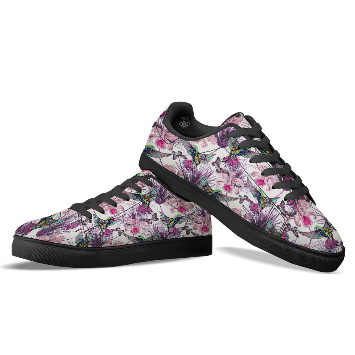 Hummingbird And Pink Flowers Print Black Low Top Sneakers-grizzshop