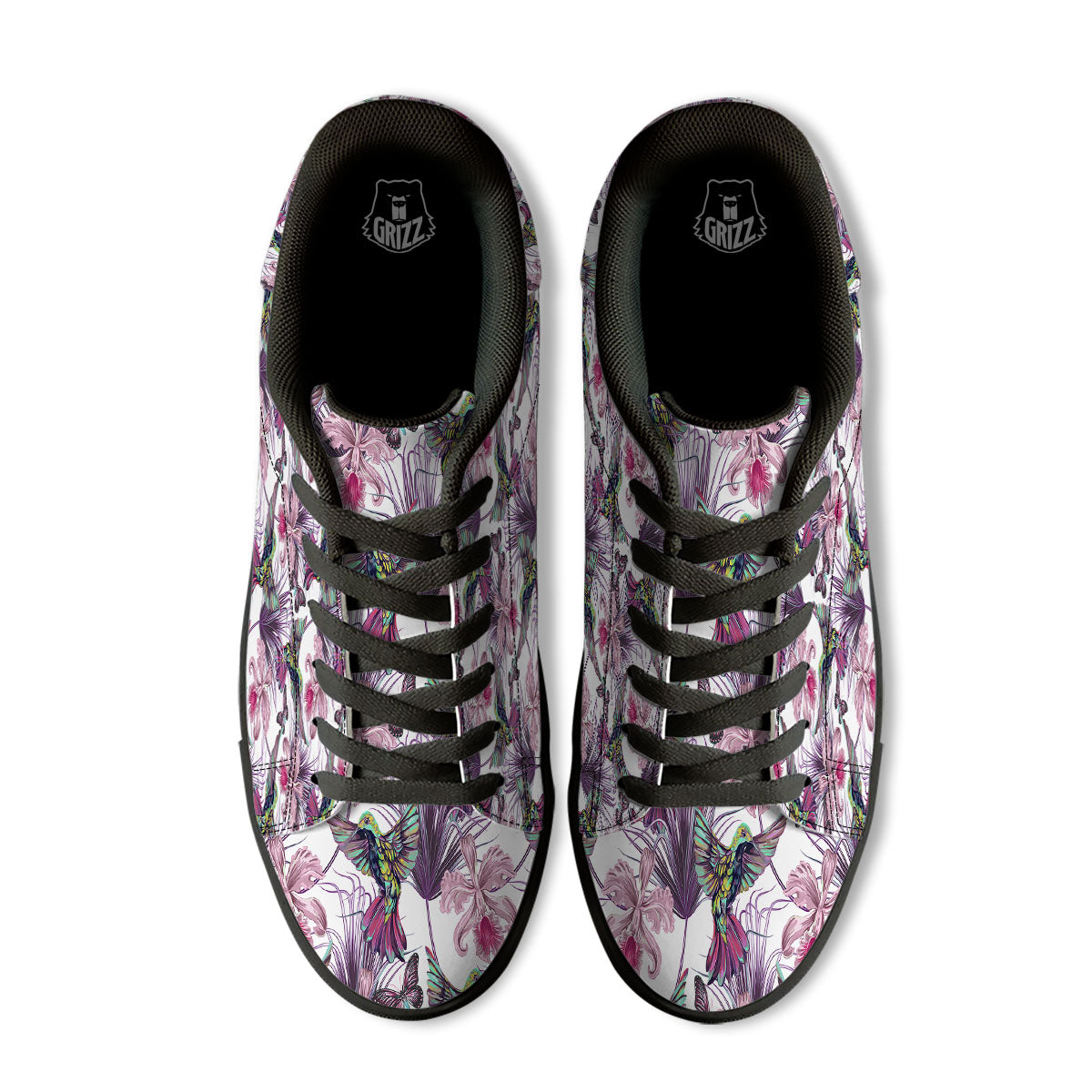 Hummingbird And Pink Flowers Print Black Low Top Sneakers-grizzshop