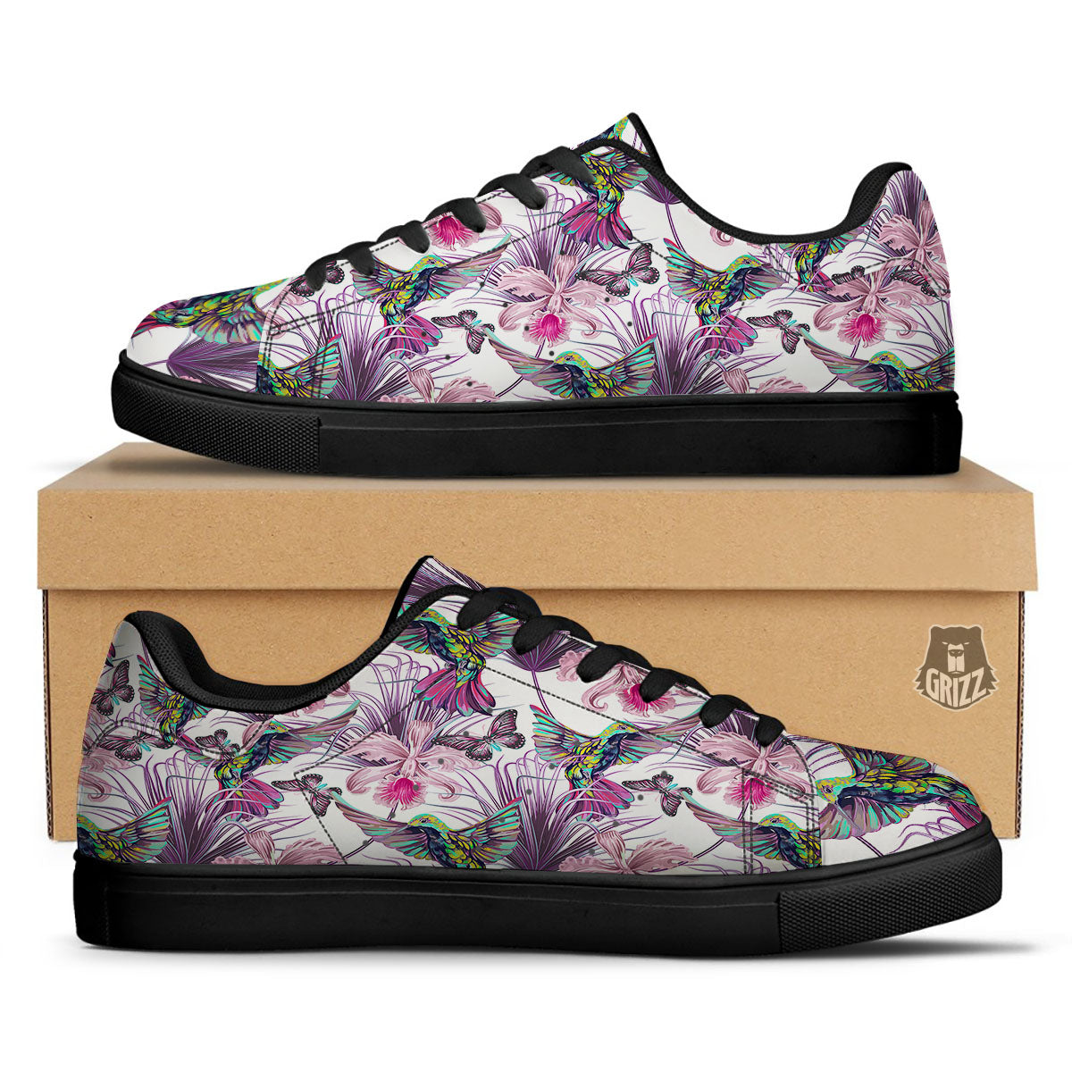 Hummingbird And Pink Flowers Print Black Low Top Sneakers-grizzshop