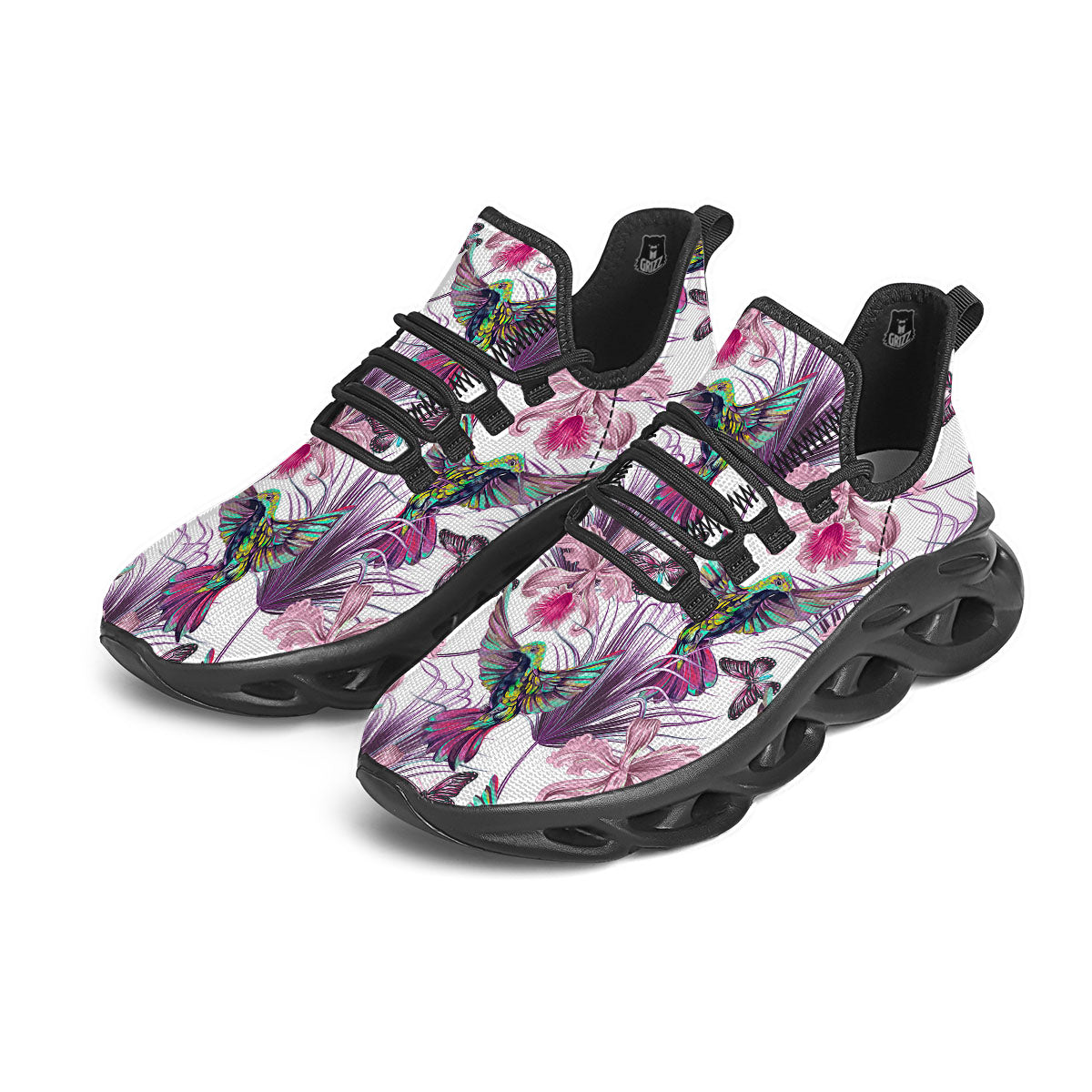 Hummingbird And Pink Flowers Print Black Running Shoes-grizzshop