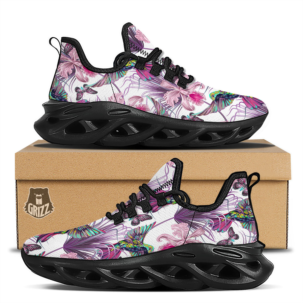 Hummingbird And Pink Flowers Print Black Running Shoes-grizzshop