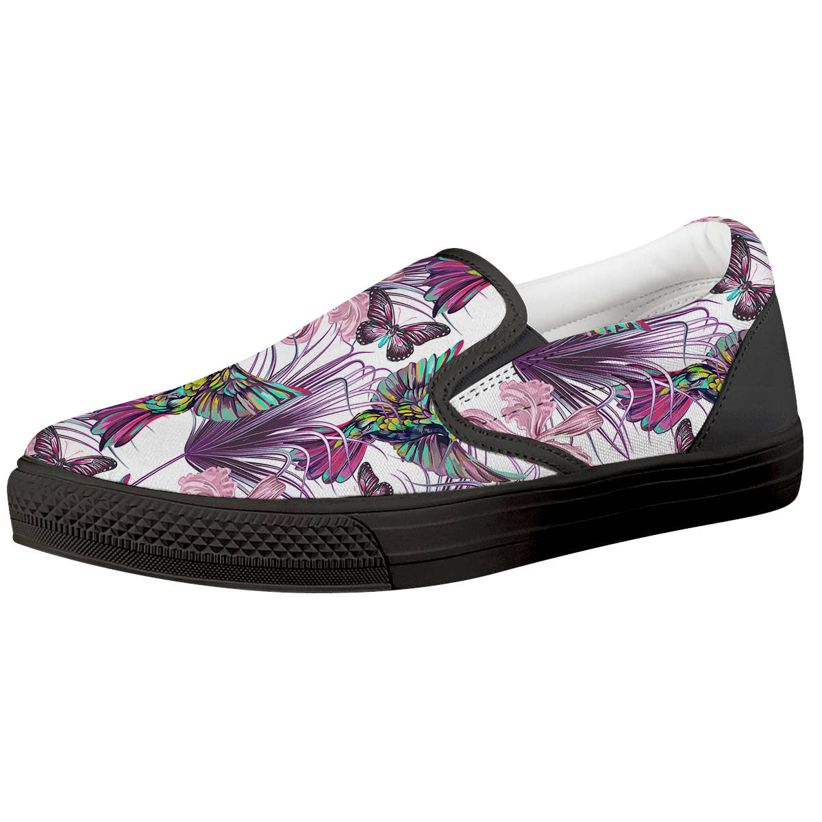 Hummingbird And Pink Flowers Print Black Slip On Shoes-grizzshop