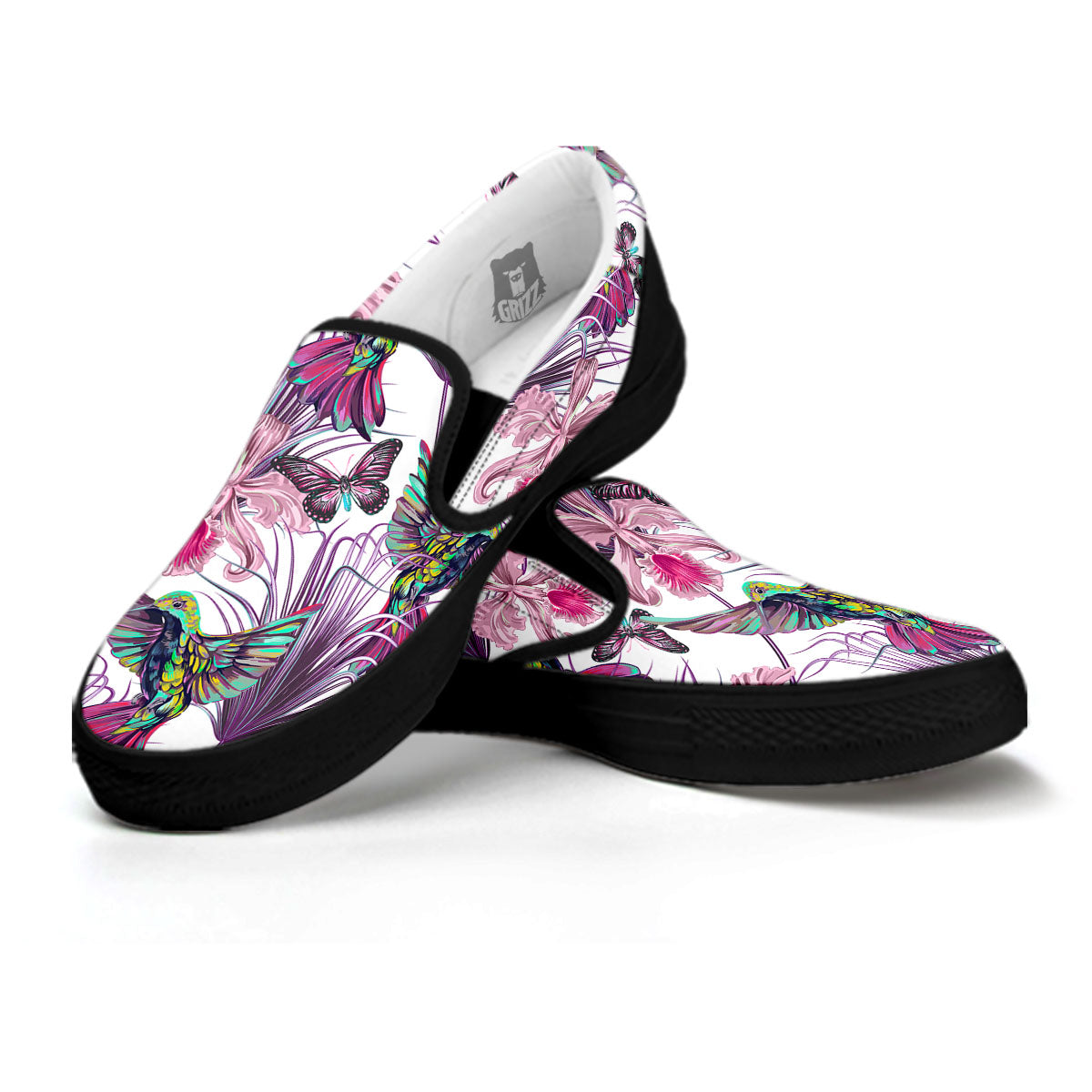 Hummingbird And Pink Flowers Print Black Slip On Shoes-grizzshop