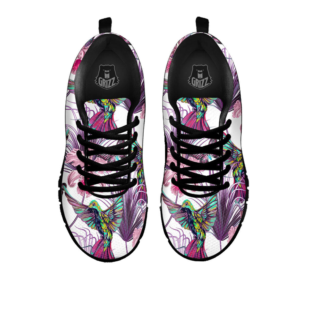 Hummingbird And Pink Flowers Print Black Sneaker-grizzshop