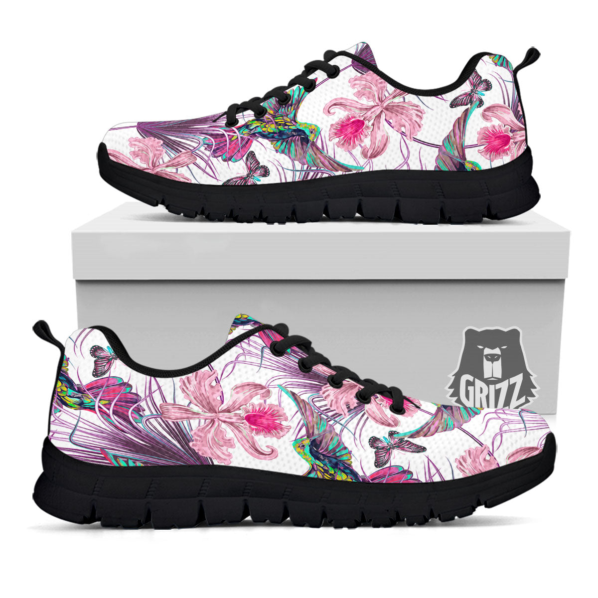 Hummingbird And Pink Flowers Print Black Sneaker-grizzshop