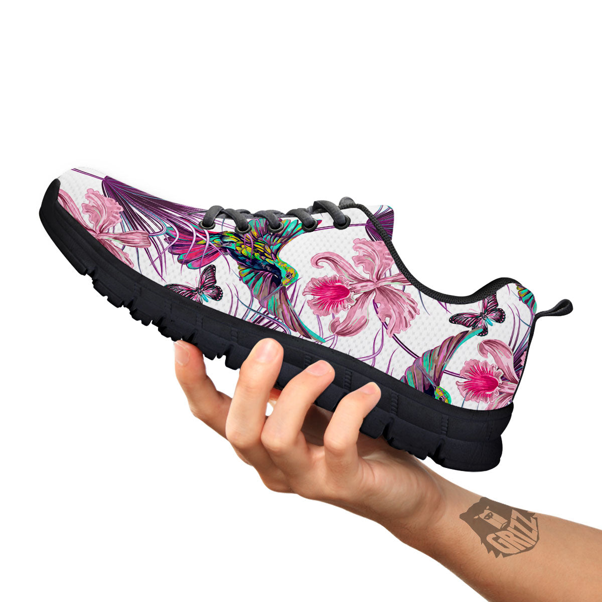 Hummingbird And Pink Flowers Print Black Sneaker-grizzshop