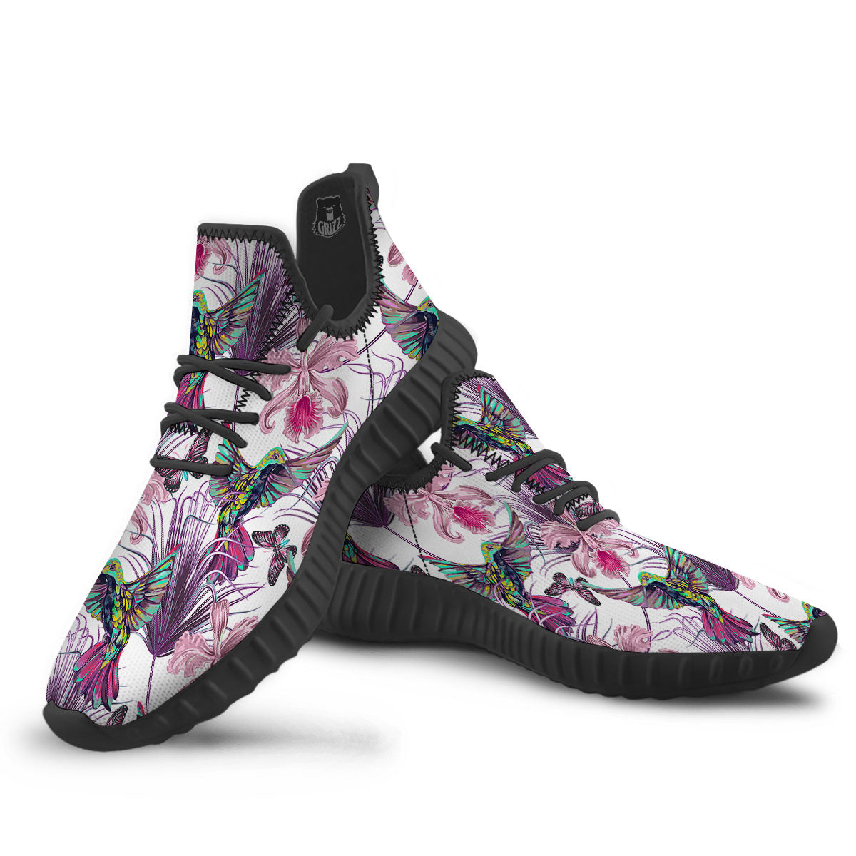 Hummingbird And Pink Flowers Print Black Walking Shoes-grizzshop