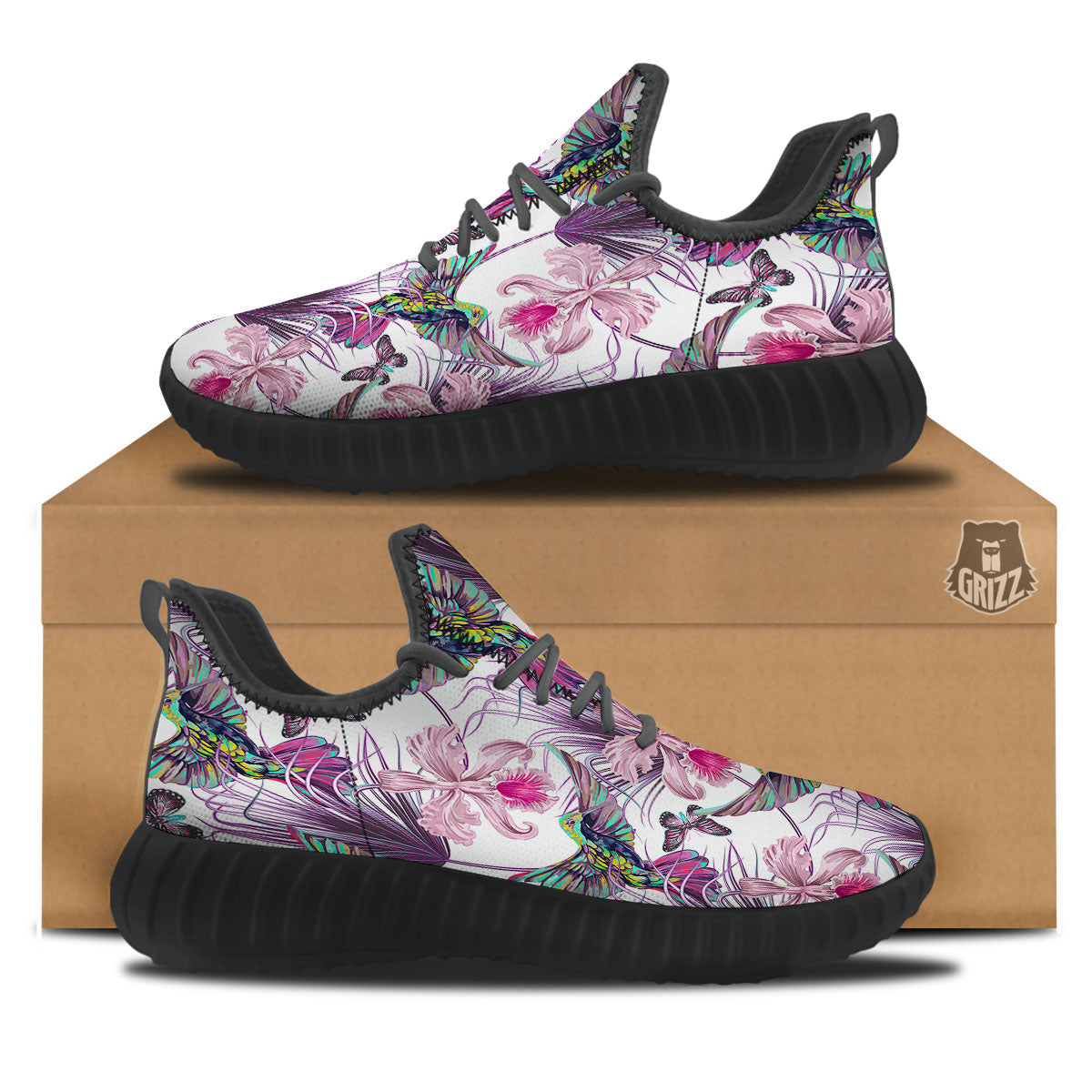 Hummingbird And Pink Flowers Print Black Walking Shoes-grizzshop