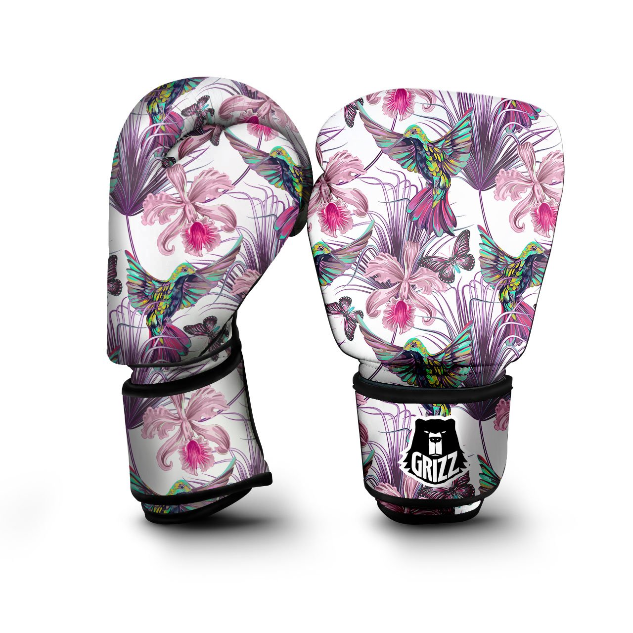 Hummingbird And Pink Flowers Print Boxing Gloves-grizzshop