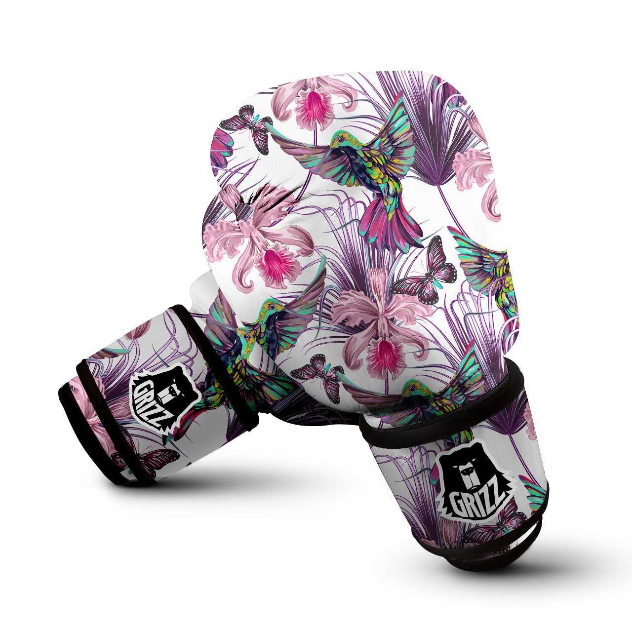 Hummingbird And Pink Flowers Print Boxing Gloves-grizzshop