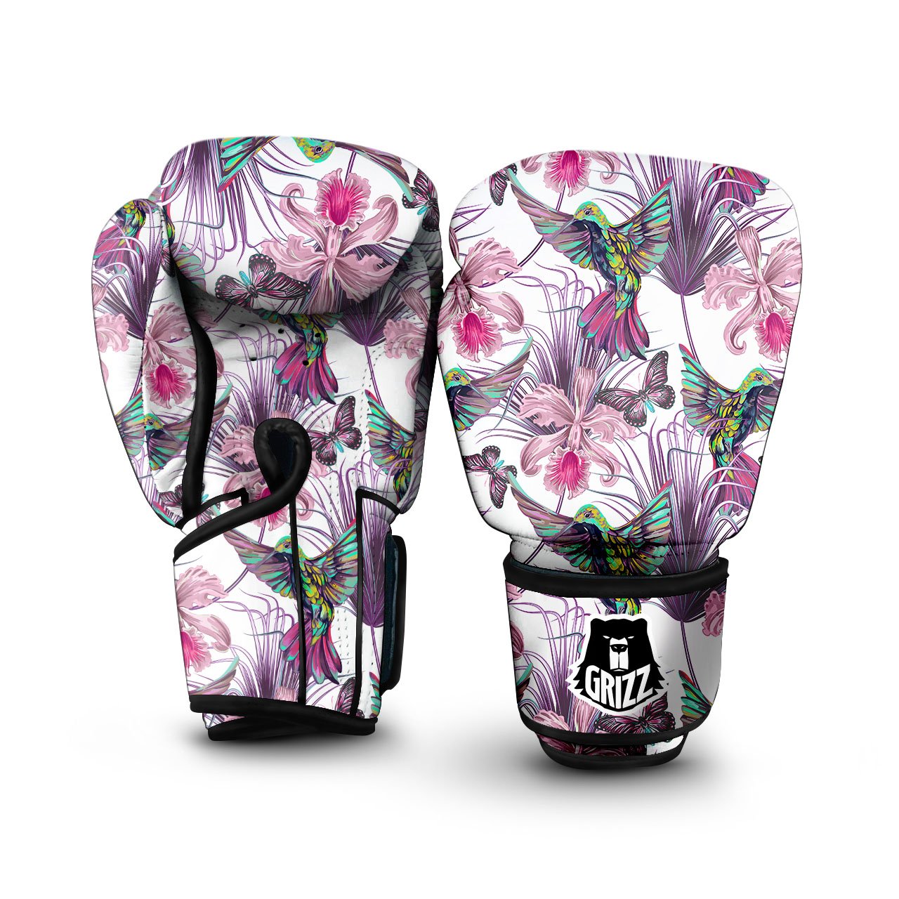 Hummingbird And Pink Flowers Print Boxing Gloves-grizzshop