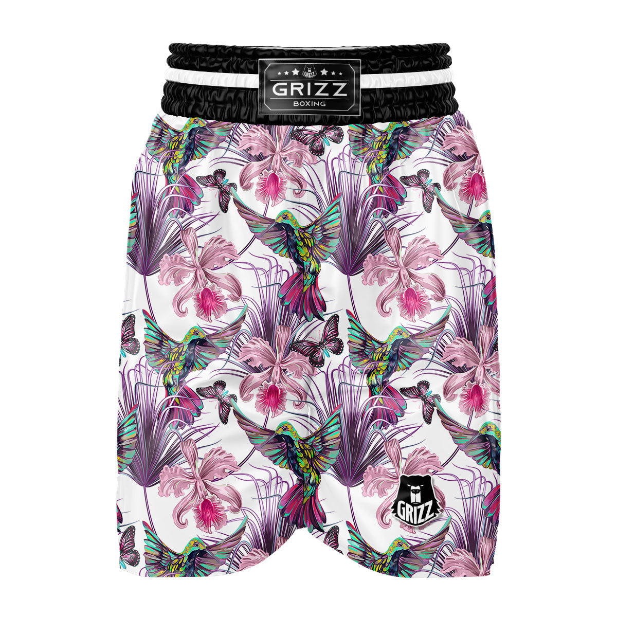 Hummingbird And Pink Flowers Print Boxing Shorts-grizzshop