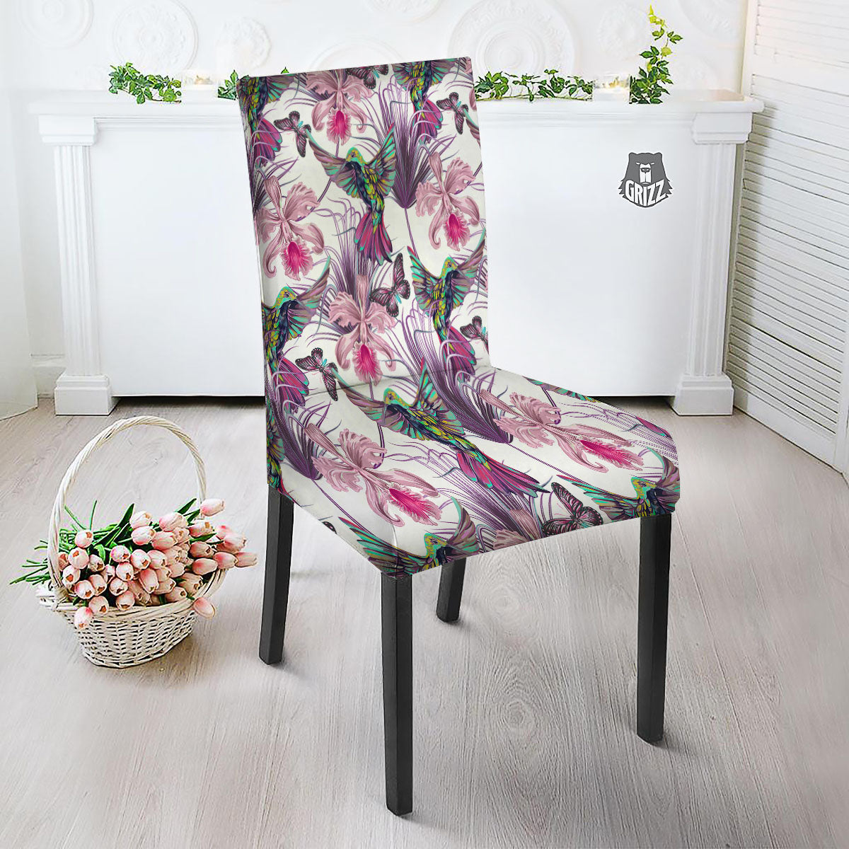 Hummingbird And Pink Flowers Print Dining Chair Slipcover-grizzshop