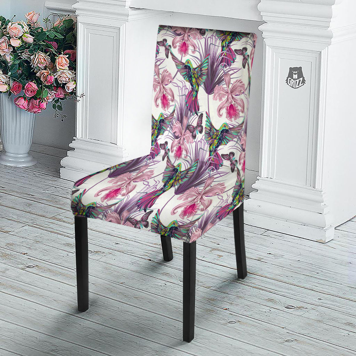 Hummingbird And Pink Flowers Print Dining Chair Slipcover-grizzshop
