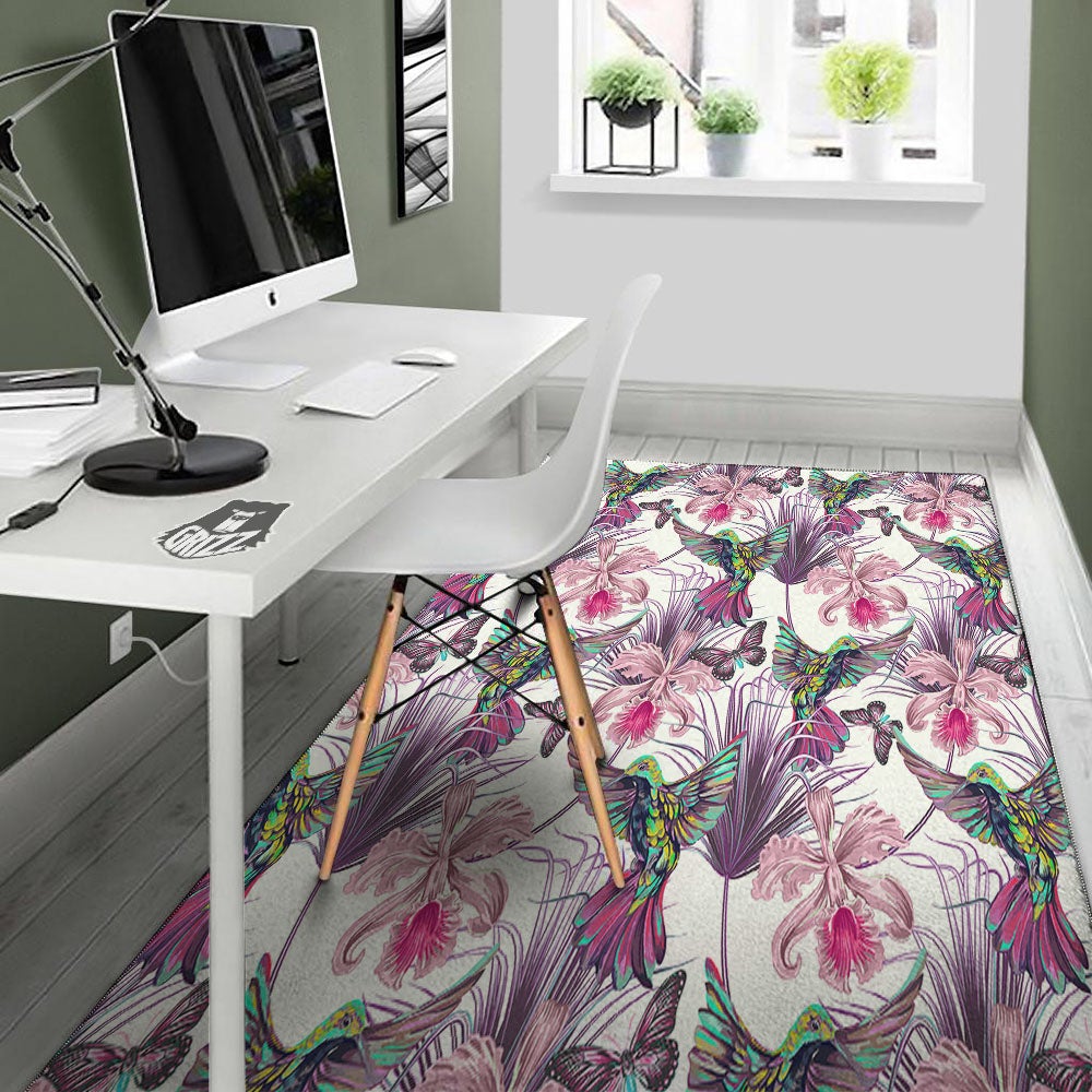 Hummingbird And Pink Flowers Print Floor Mat-grizzshop