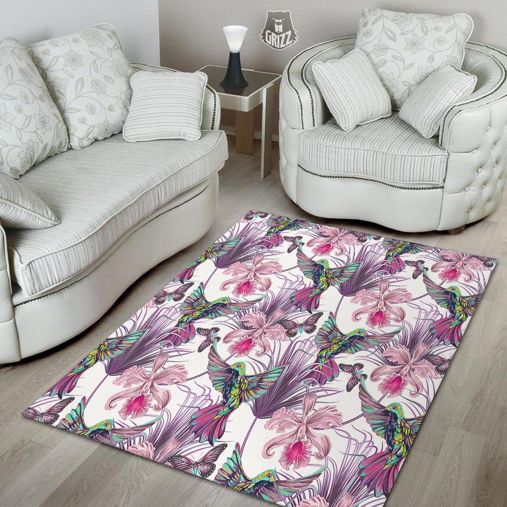 Hummingbird And Pink Flowers Print Floor Mat-grizzshop