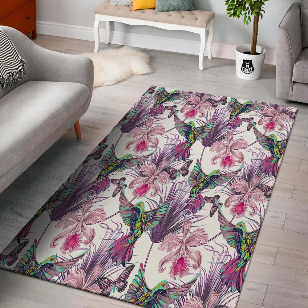 Hummingbird And Pink Flowers Print Floor Mat-grizzshop