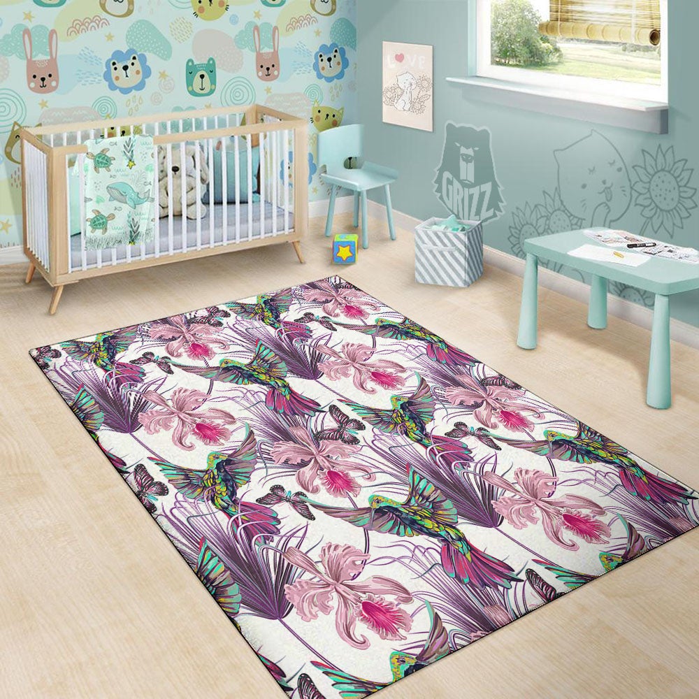 Hummingbird And Pink Flowers Print Floor Mat-grizzshop