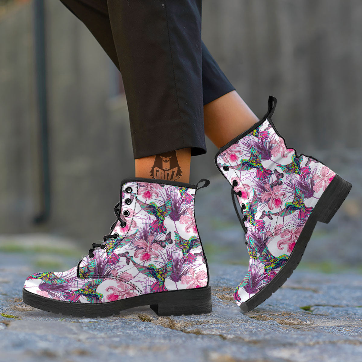 Hummingbird And Pink Flowers Print Leather Boots-grizzshop