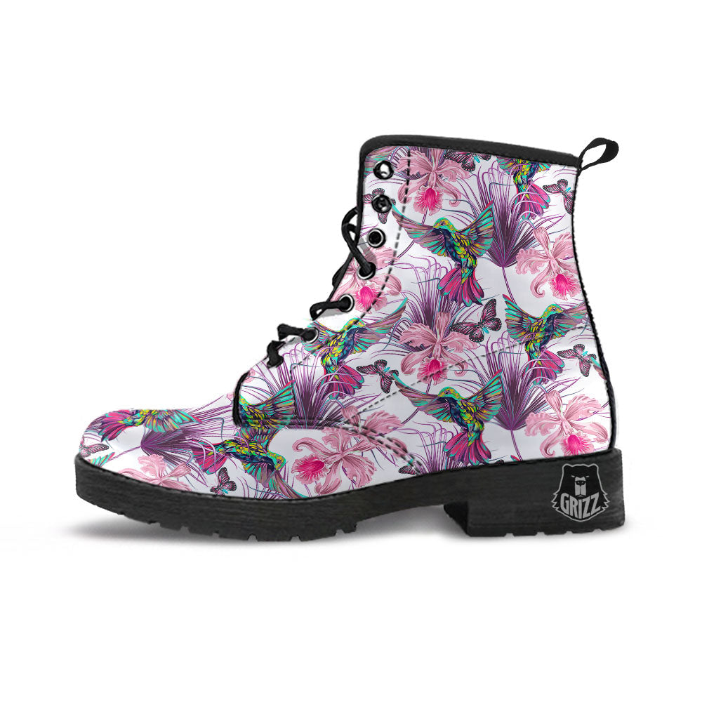 Hummingbird And Pink Flowers Print Leather Boots-grizzshop