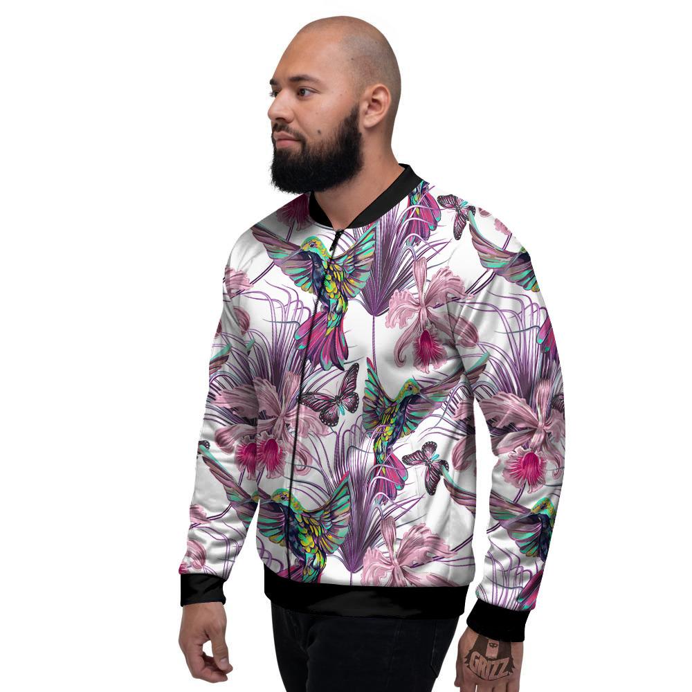 Hummingbird And Pink Flowers Print Men's Bomber Jacket-grizzshop
