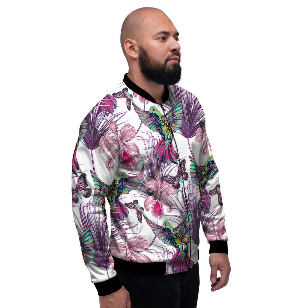 Hummingbird And Pink Flowers Print Men's Bomber Jacket-grizzshop