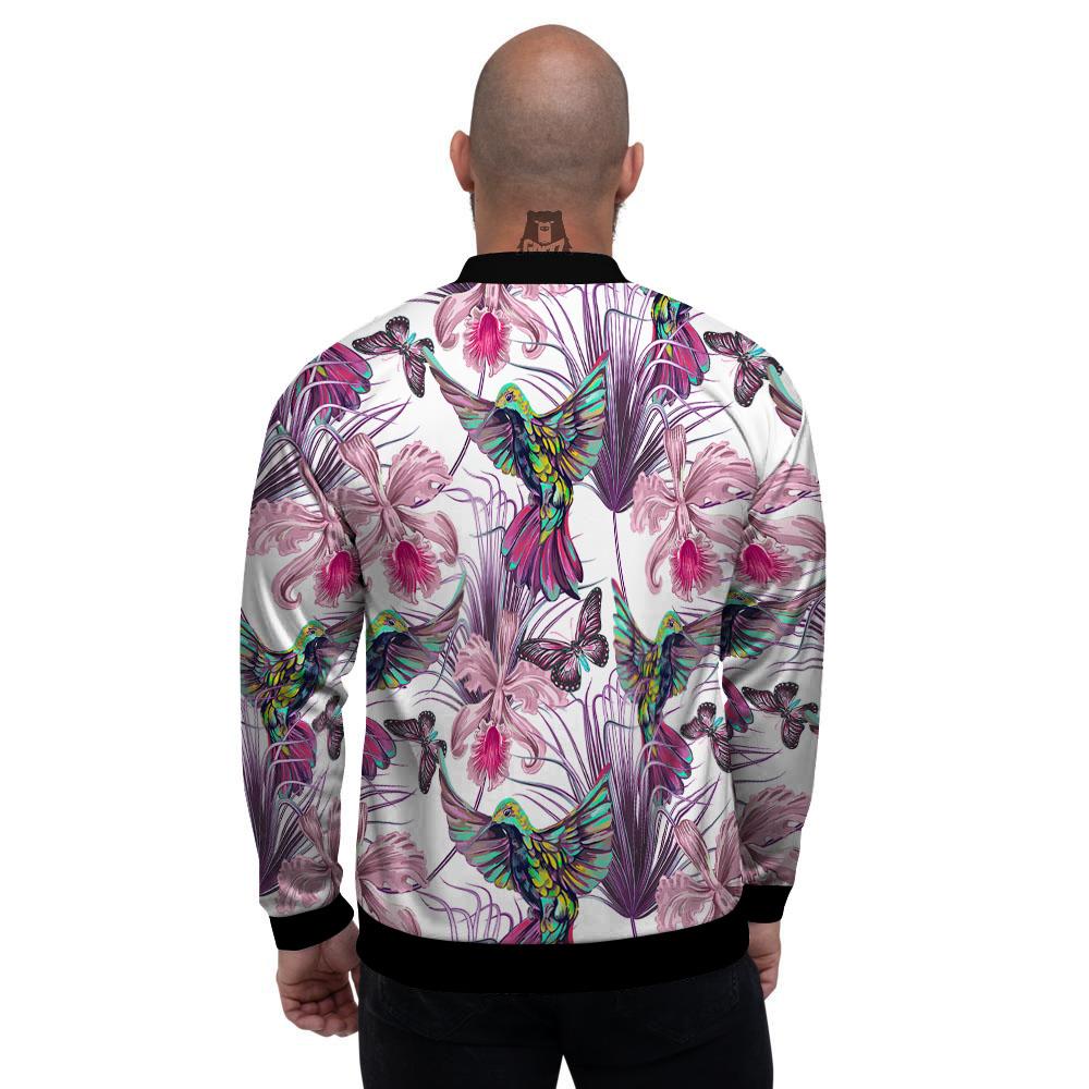 Hummingbird And Pink Flowers Print Men's Bomber Jacket-grizzshop
