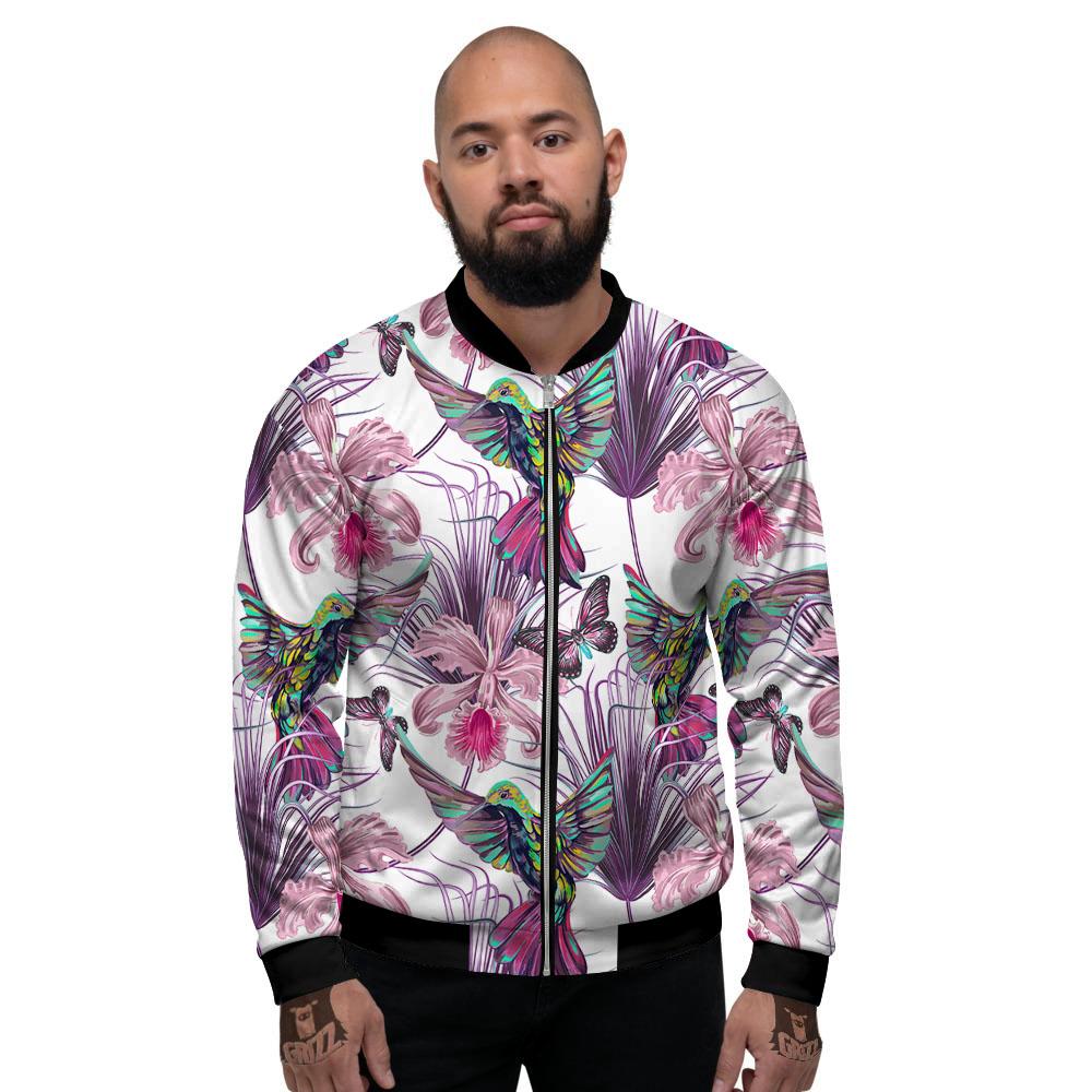 Hummingbird And Pink Flowers Print Men's Bomber Jacket-grizzshop
