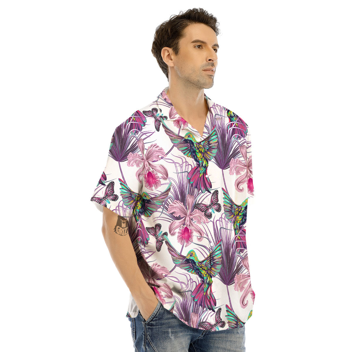 Hummingbird And Pink Flowers Print Men's Hawaiian Shirt-grizzshop
