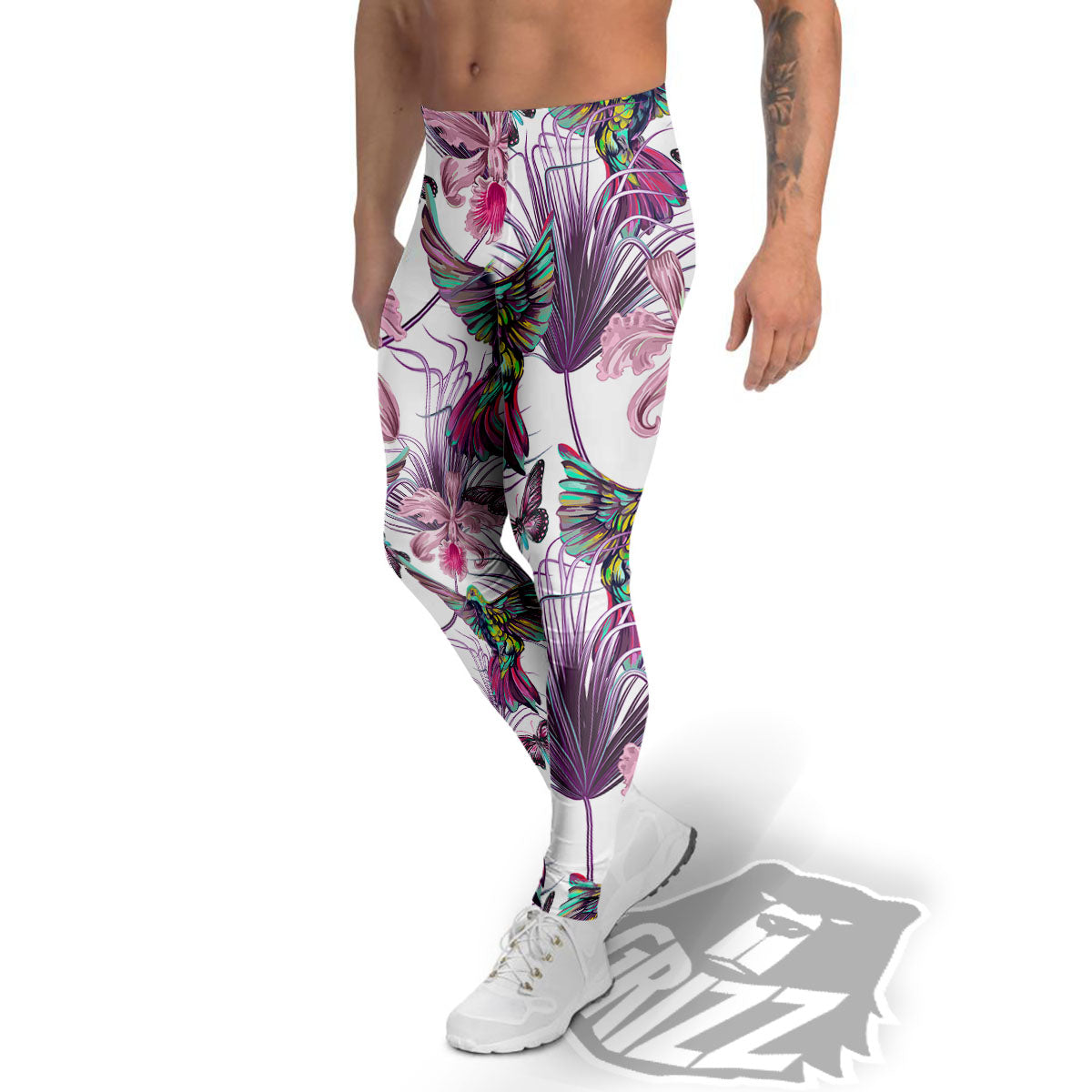 Hummingbird And Pink Flowers Print Men's Leggings-grizzshop