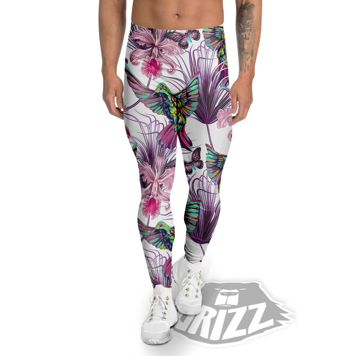 Hummingbird And Pink Flowers Print Men's Leggings-grizzshop