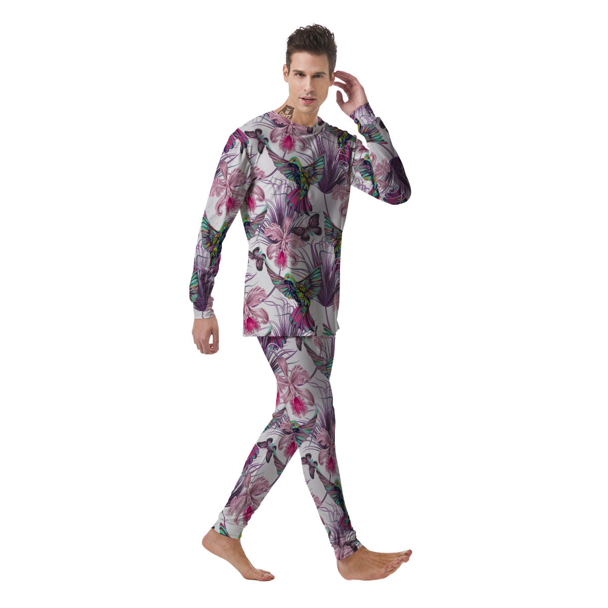 Hummingbird And Pink Flowers Print Men's Pajamas-grizzshop