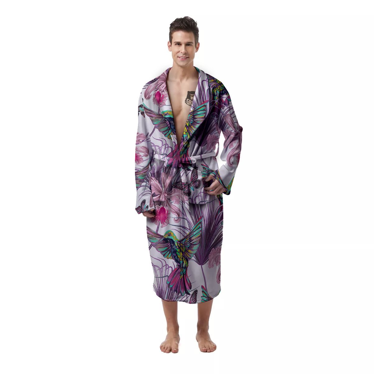 Hummingbird And Pink Flowers Print Men's Robe-grizzshop