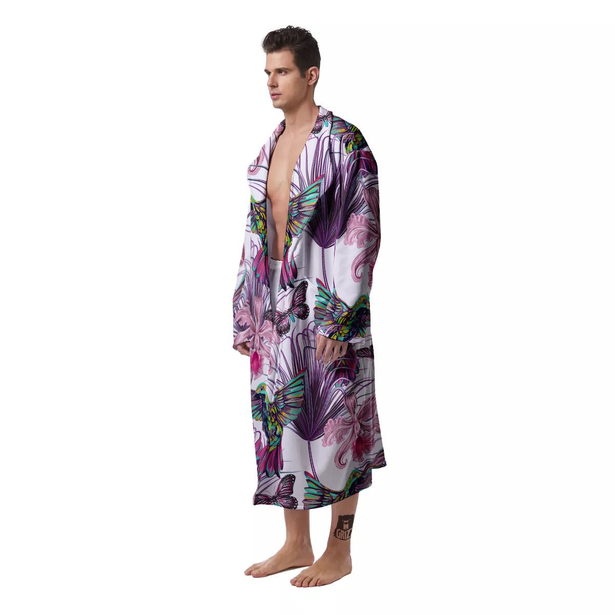 Hummingbird And Pink Flowers Print Men's Robe-grizzshop