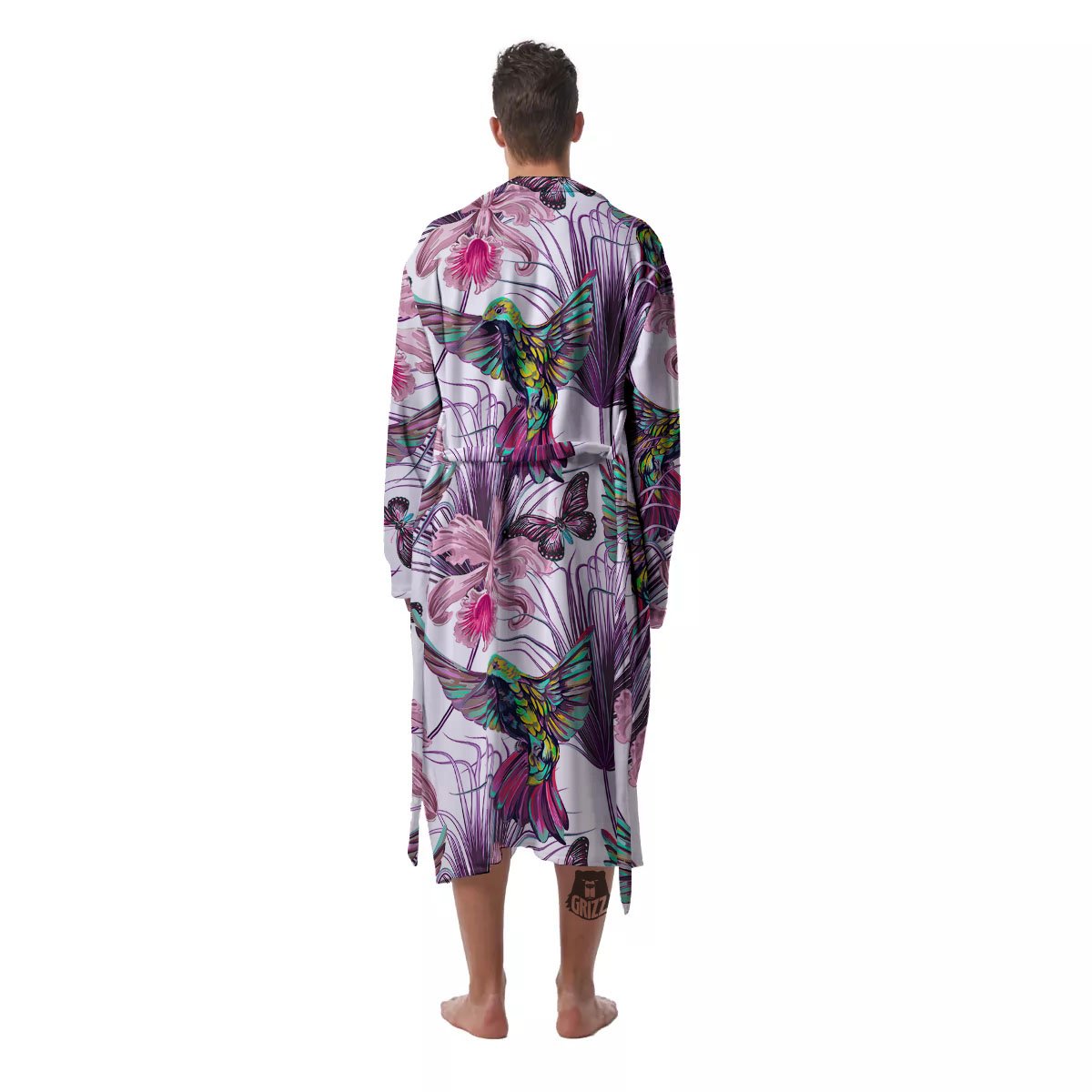 Hummingbird And Pink Flowers Print Men's Robe-grizzshop