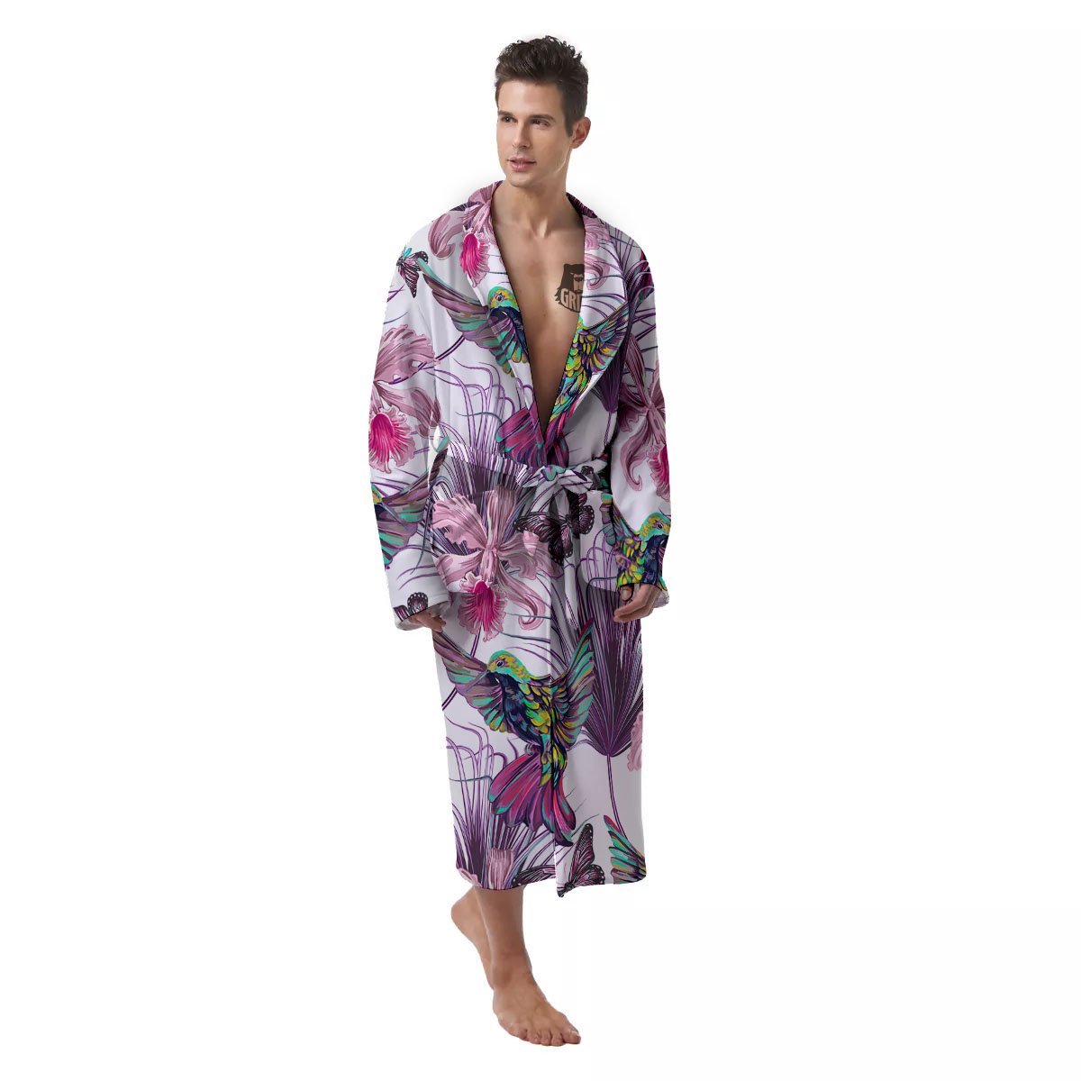 Hummingbird And Pink Flowers Print Men's Robe-grizzshop
