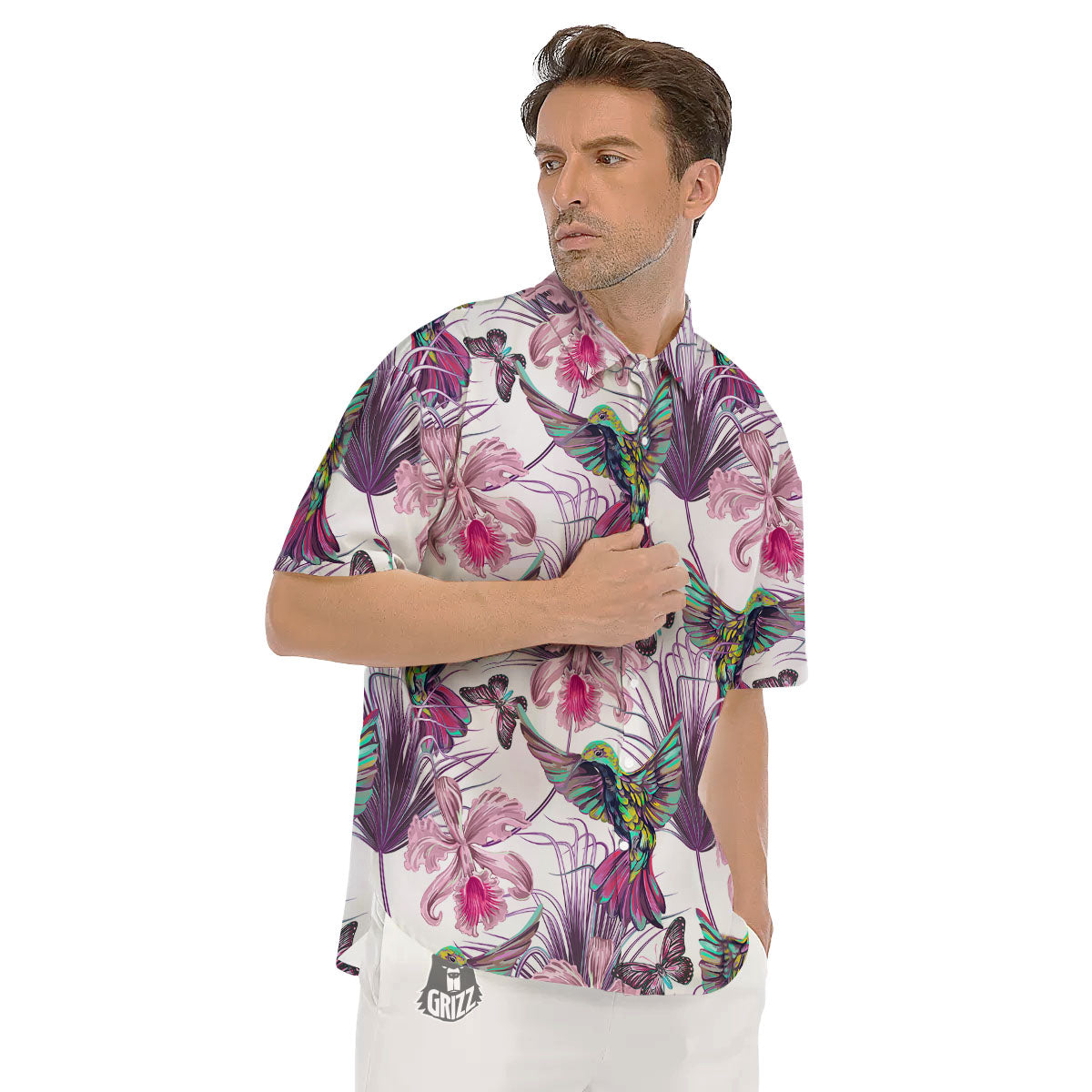 Hummingbird And Pink Flowers Print Men's Short Sleeve Shirts-grizzshop