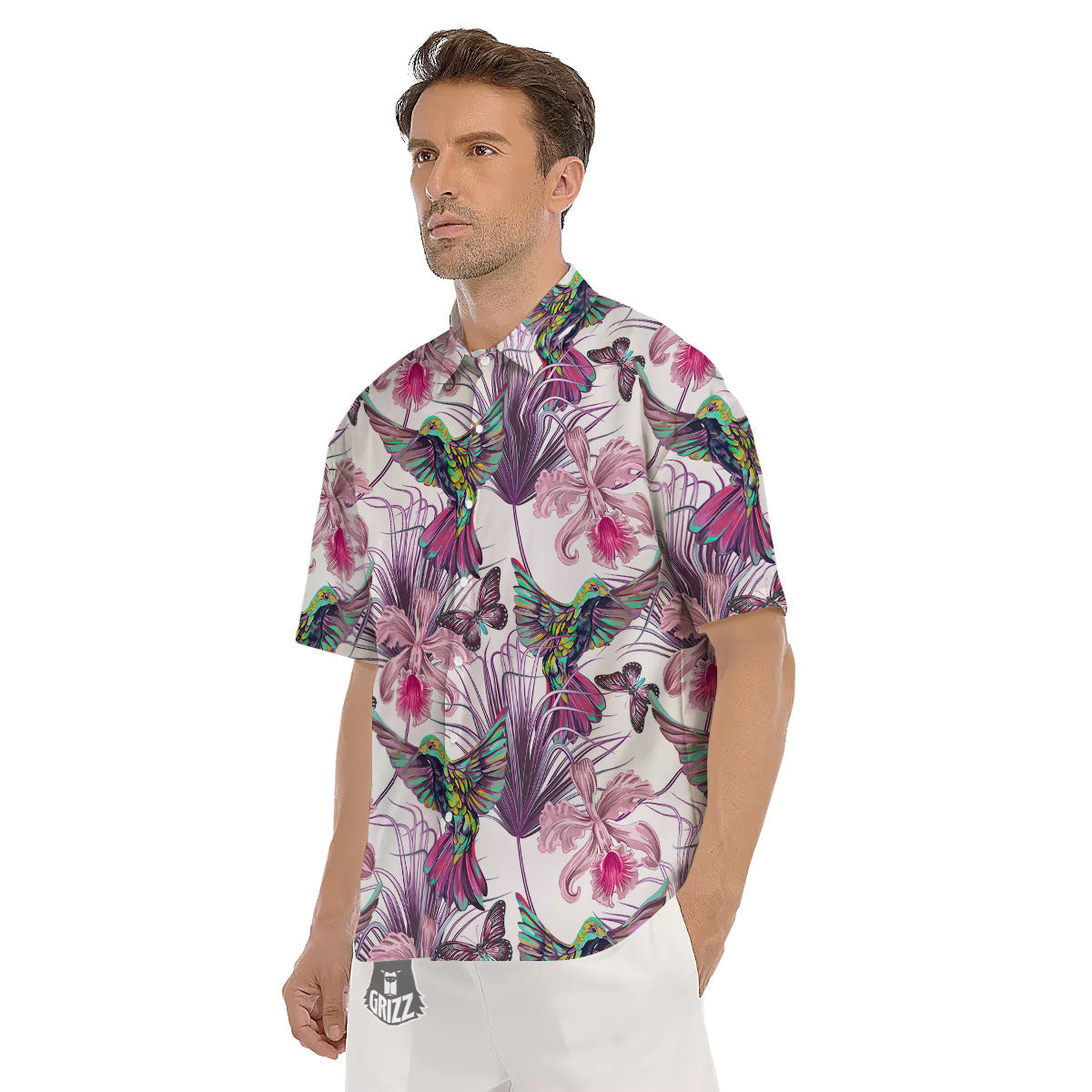 Hummingbird And Pink Flowers Print Men's Short Sleeve Shirts-grizzshop