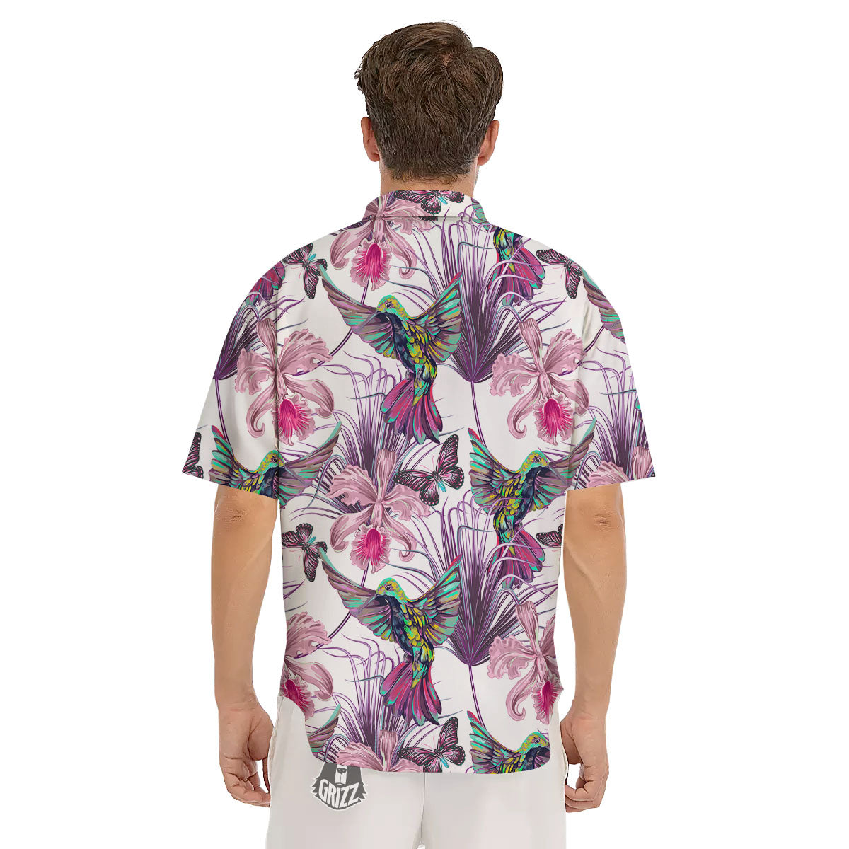 Hummingbird And Pink Flowers Print Men's Short Sleeve Shirts-grizzshop