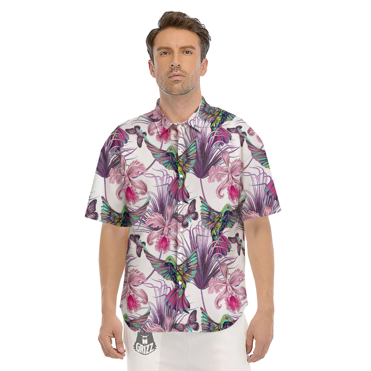 Hummingbird And Pink Flowers Print Men's Short Sleeve Shirts-grizzshop