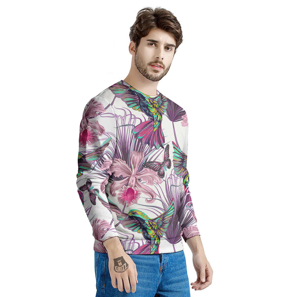 Hummingbird And Pink Flowers Print Men's Sweatshirt-grizzshop