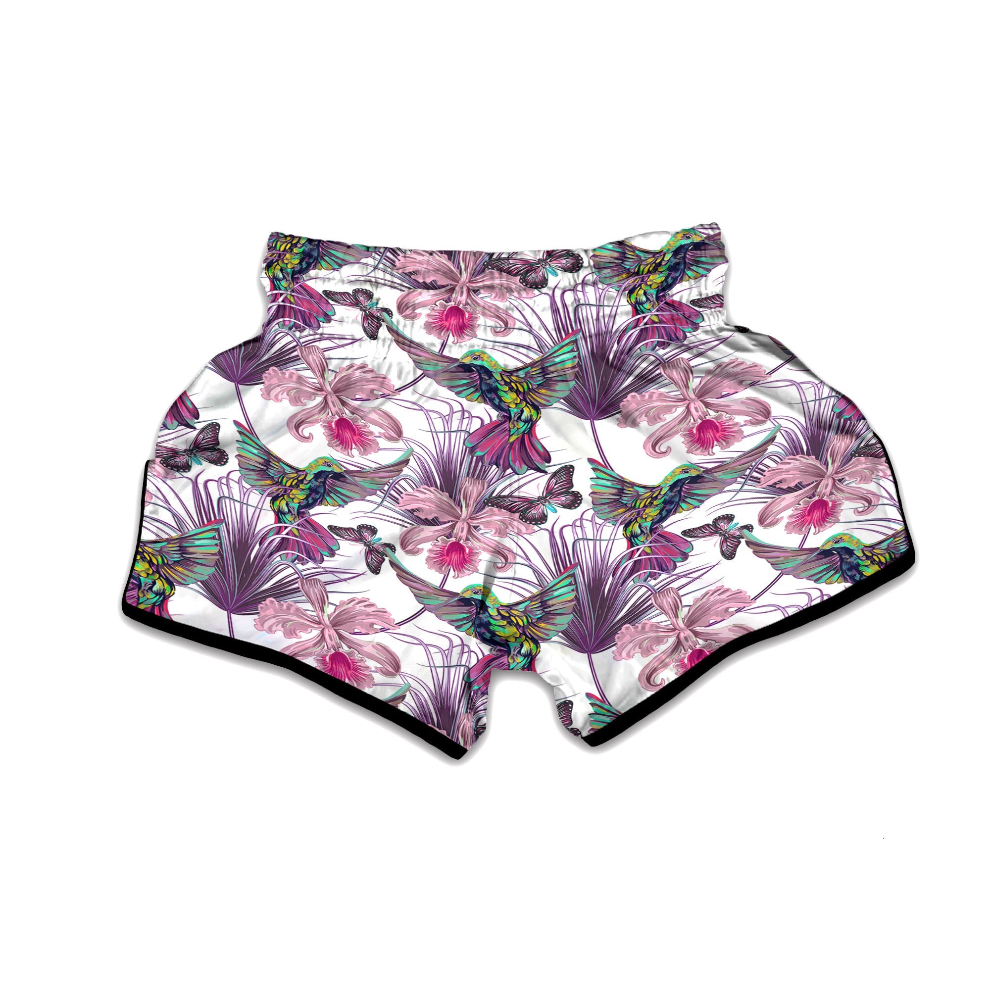 Hummingbird And Pink Flowers Print Muay Thai Boxing Shorts-grizzshop