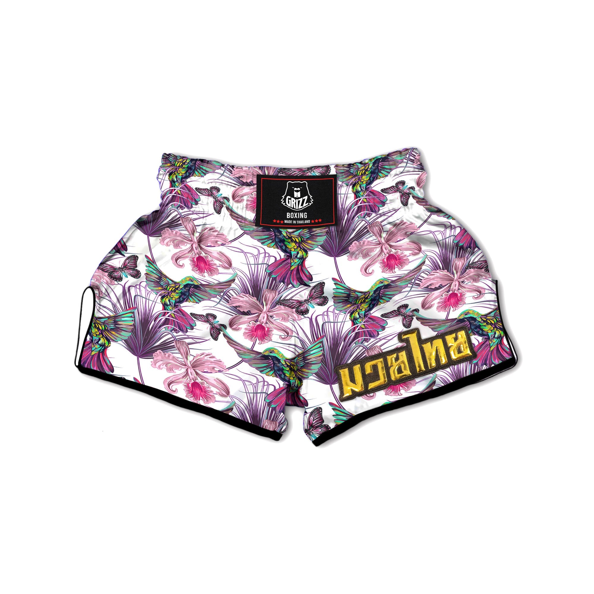 Hummingbird And Pink Flowers Print Muay Thai Boxing Shorts-grizzshop