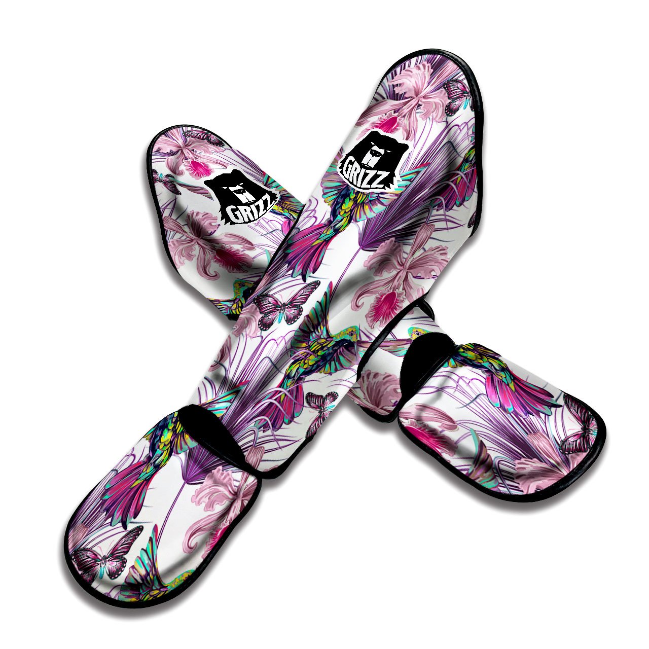 Hummingbird And Pink Flowers Print Muay Thai Shin Guards-grizzshop