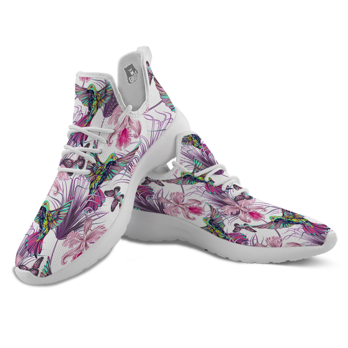 Hummingbird And Pink Flowers Print White Athletic Shoes-grizzshop